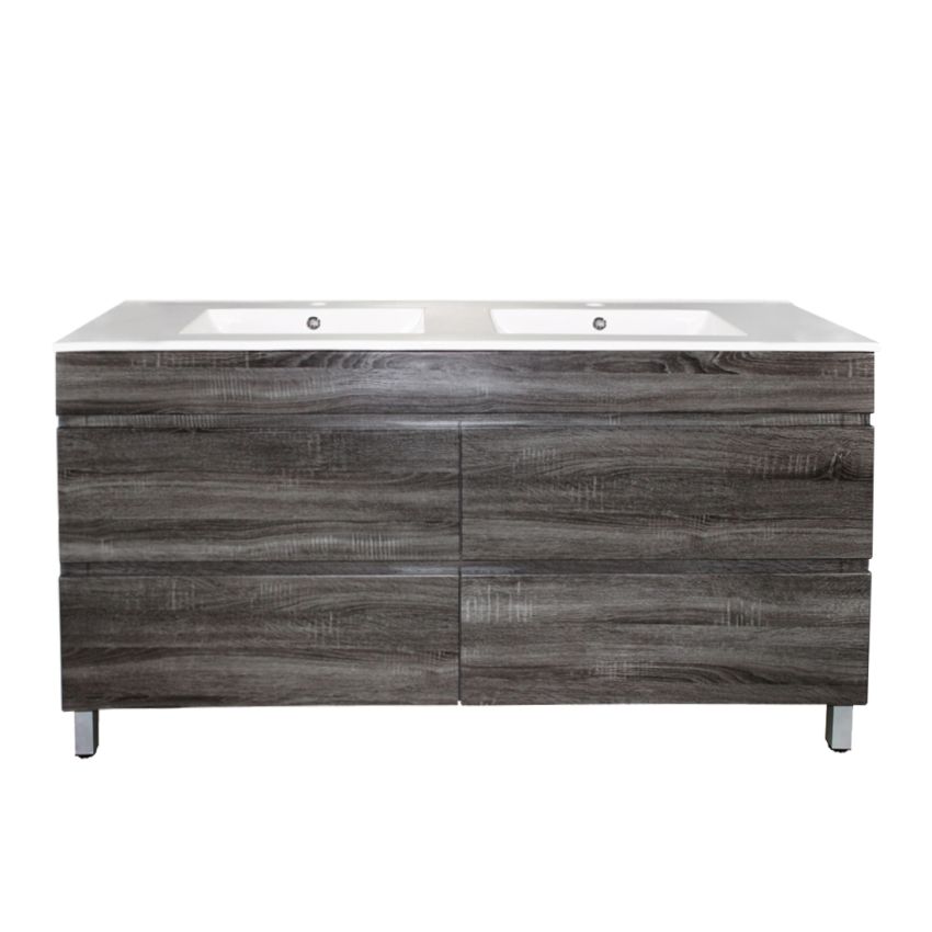 1500mm Freestanding With Legs Bathroom Vanity Dark Grey Wood Grain 2 PAC Coating MDF Board with Double Bowl