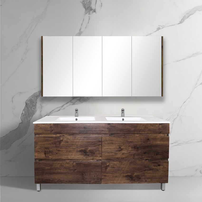 1500mm Freestanding With Legs Bathroom Vanity Dark Oak Wood Grain 2 PAC Coating MDF Board with Double Bowl