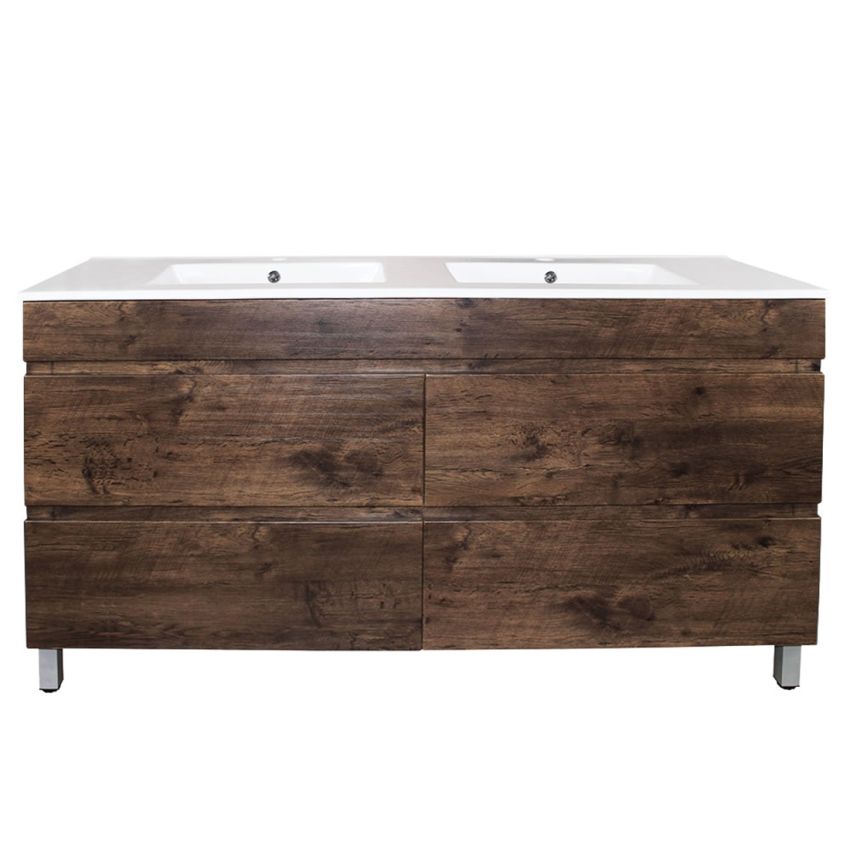 1500mm Freestanding With Legs Bathroom Vanity Dark Oak Wood Grain 2 PAC Coating MDF Board with Double Bowl