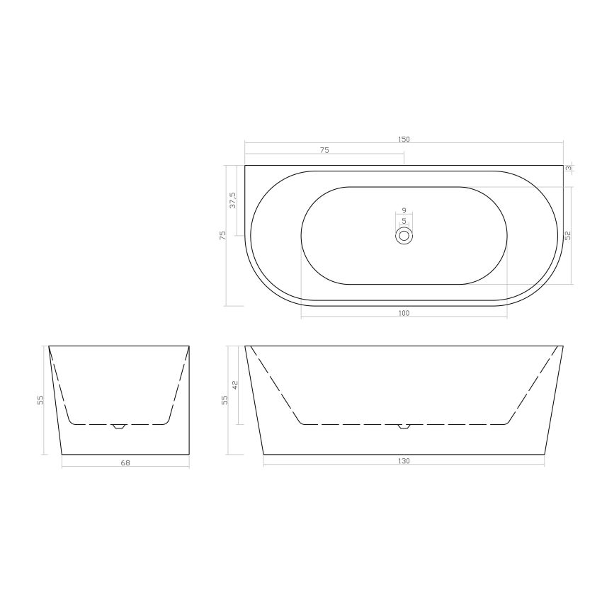 1500mm Back To Wall Bathtub Oval Gloss White Acrylic Rounded Edge