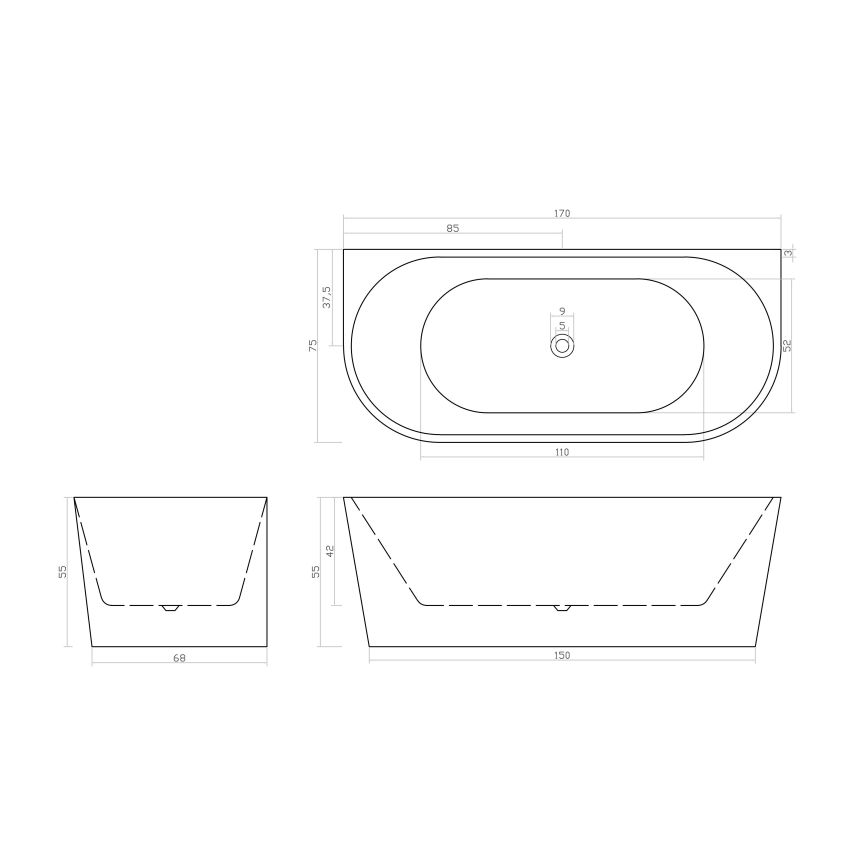 1700mm Back To Wall Bathtub Oval Gloss White Acrylic Rounded Edge