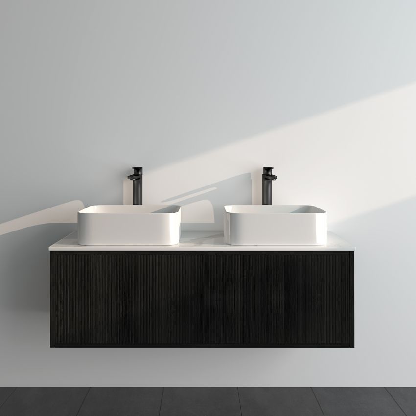 1200mm Slim Bottega Oak Wall Hung Bathroom Vanity Left Drawer Grooved MDF Cabinet Only