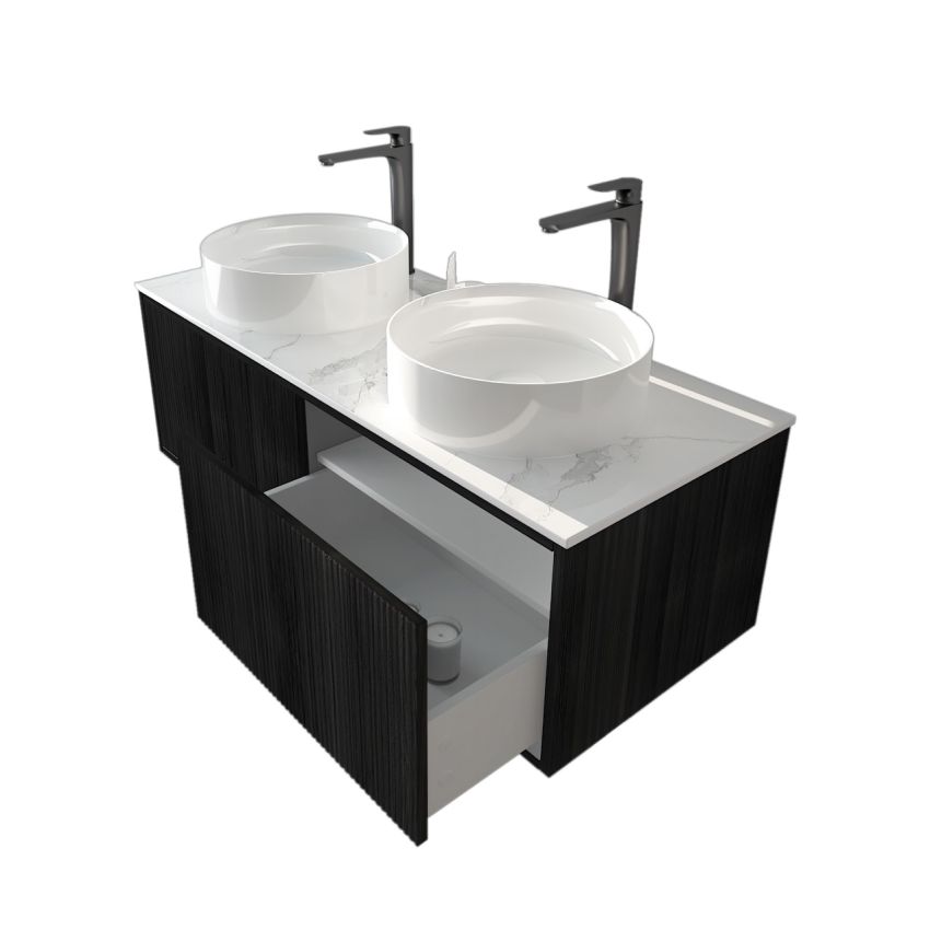 1200mm Bottega Oak Wall Hung Bathroom Vanity Right Drawer Grooved MDF Cabinet Only