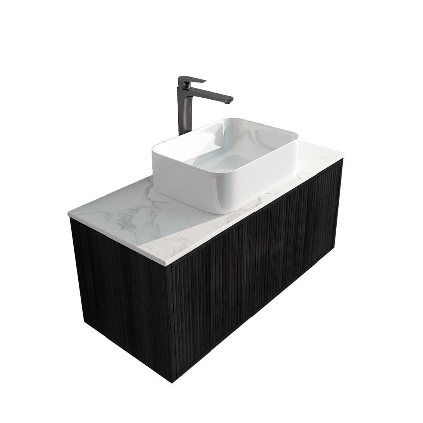 900mm Slim Bottega Oak Wall Hung Bathroom Vanity Right Drawer Grooved MDF Cabinet Only