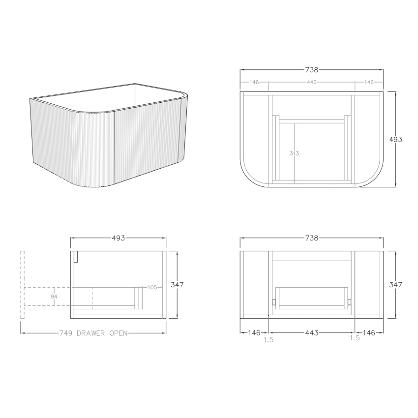 750mm Coastal Oak Curved Edge and V-Grooved Wall Hung Bathroom Vanity MDF Cabinet Only