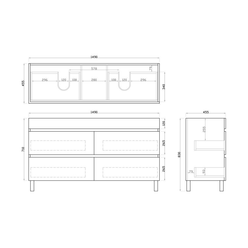 1500mm Freestanding Bathroom Vanity With Legs Matte White Finish PVC Vacuum Filmed Cabinet Only