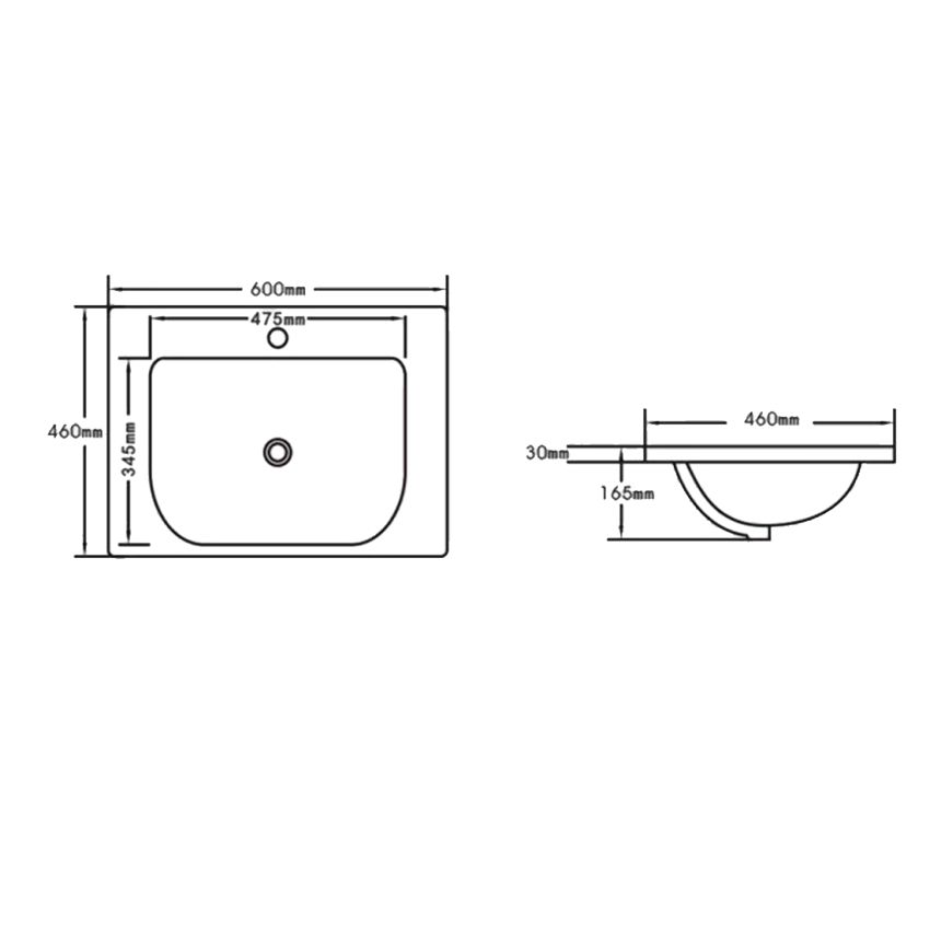 600x460mm Eden D Shape Basin Gloss White Ceramic Top