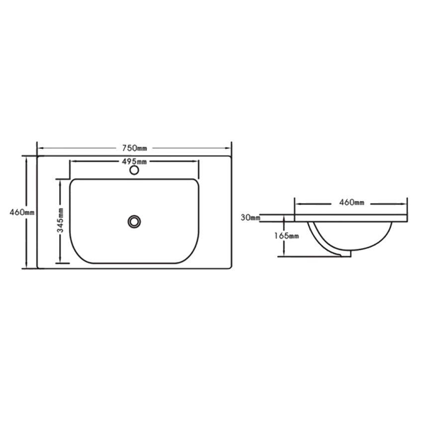 750x460mm Eden D Shape Basin Gloss White Ceramic Top