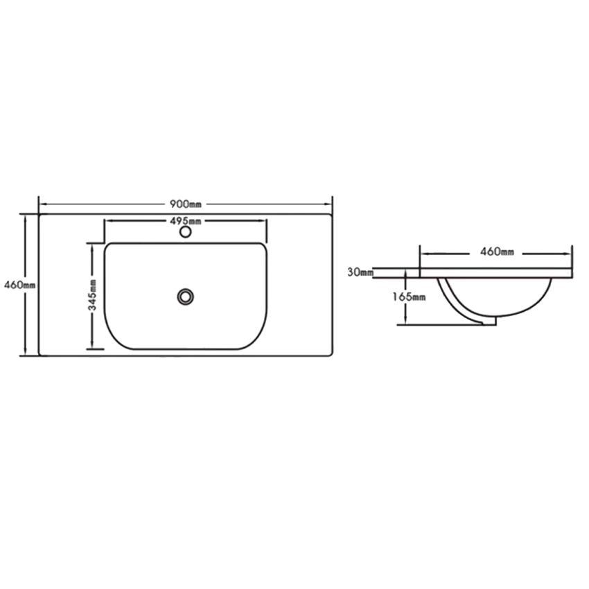 900x460mm Eden D Shape Basin Gloss White Ceramic Top