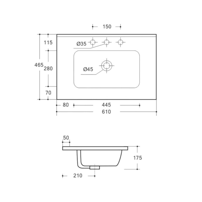 600x460mm Round Basin Gloss White Thin Edge Ceramic Top