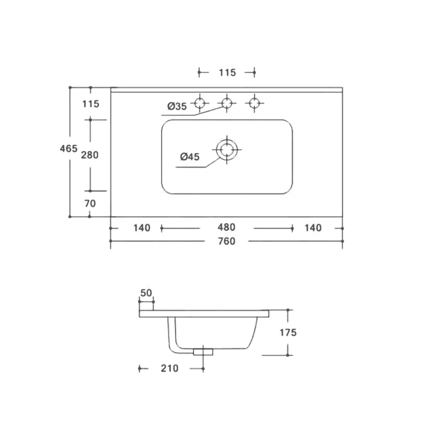 750x460mm Round Basin Gloss White Thin Edge Ceramic Top