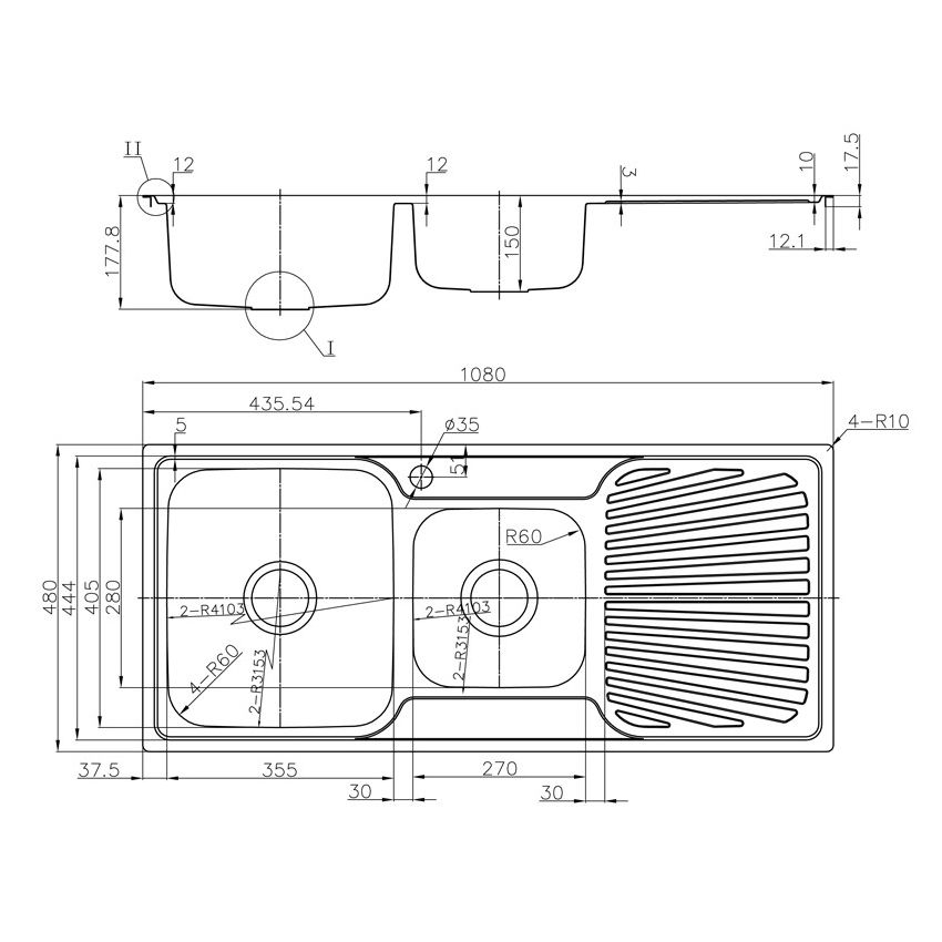 Otus 1 & 1/2 Bowl & Drainer Kitchen Sink 1080 x 480mm Left Hand Bowl