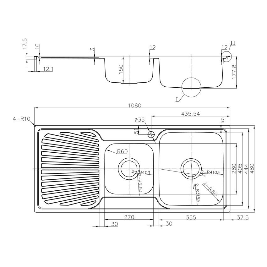 Otus 1 & 1/2 Bowl & Drainer Kitchen Sink 1080 x 480mm Right Hand Bowl