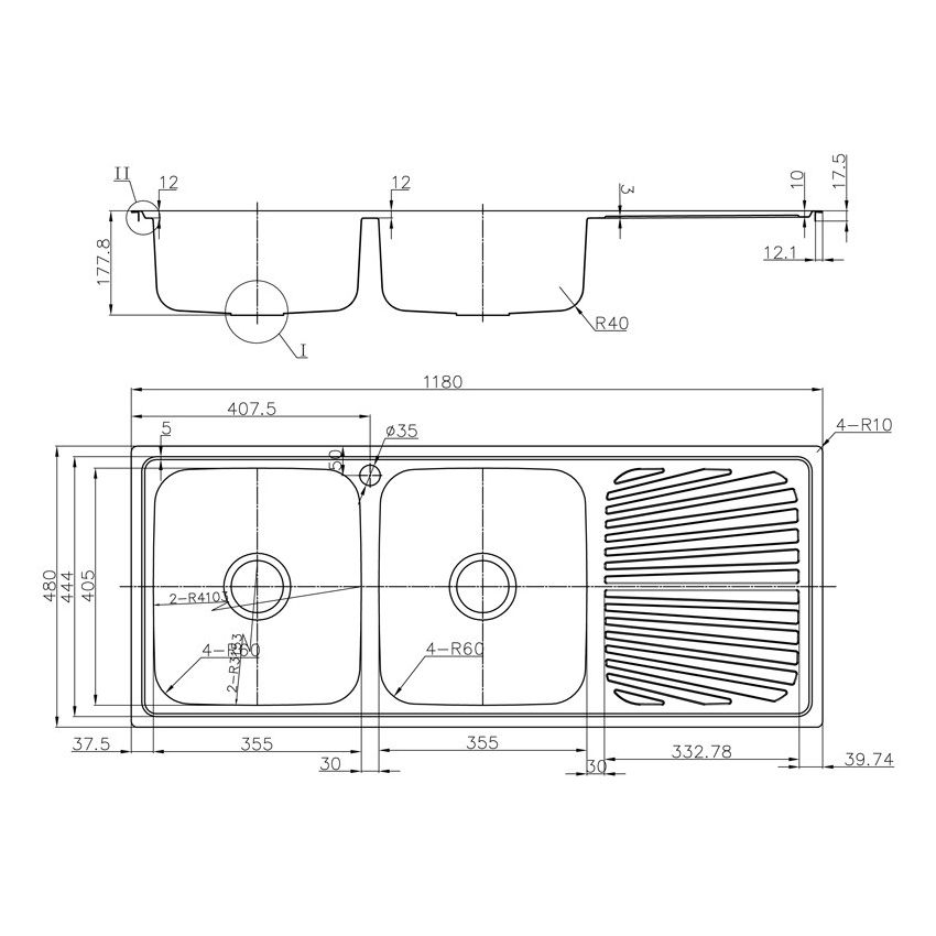 Otus Double Bowl & Drainer Kitchen Sink 1180 x 480mm Left Hand Bowl