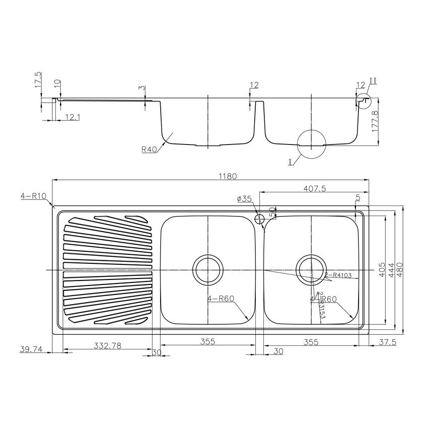 Otus Double Bowl & Drainer Kitchen Sink 1180 x 480mm Right Hand Bowl