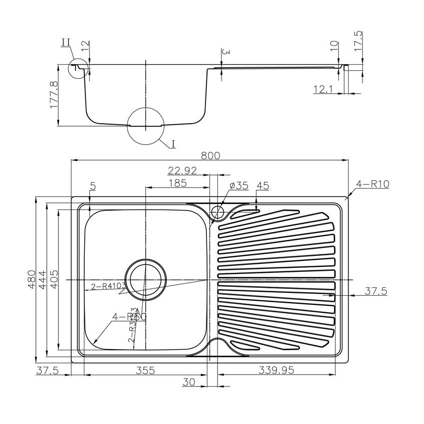 Otus Single Bowl & Drainer Kitchen Sink 800 x 480mm Left Hand Bowl