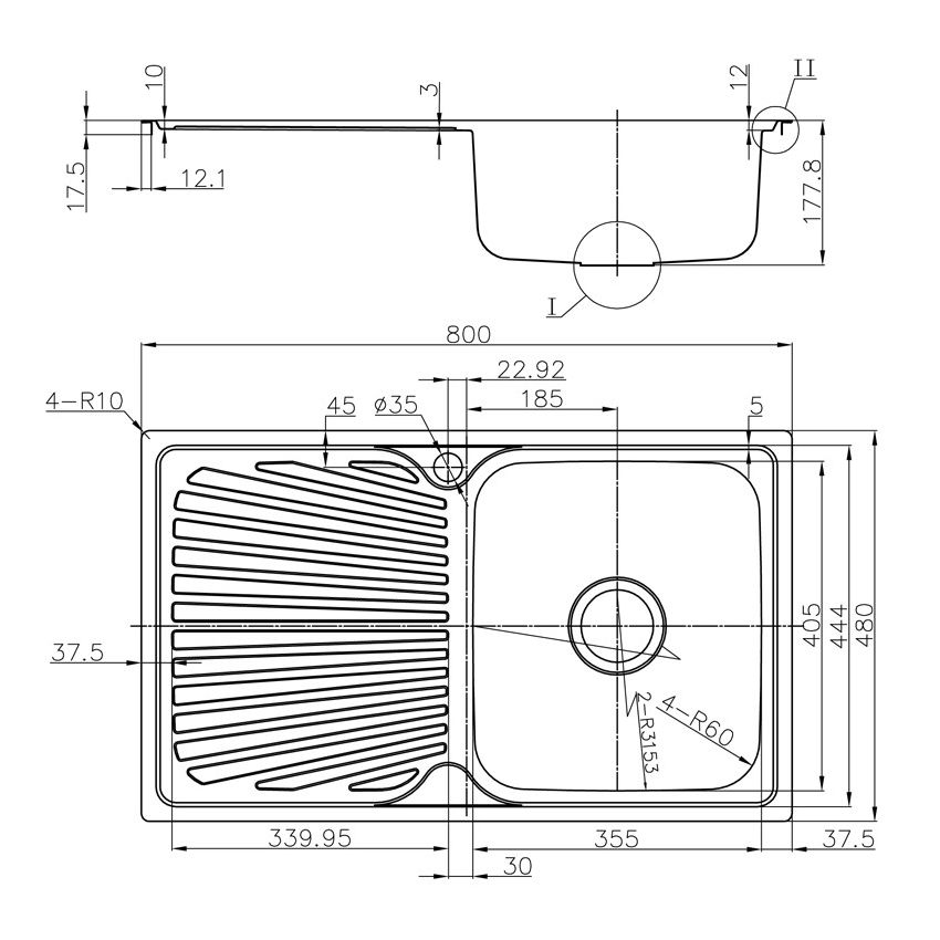 Otus Single Bowl & Drainer Kitchen Sink 800 x 480mm Right Hand Bowl