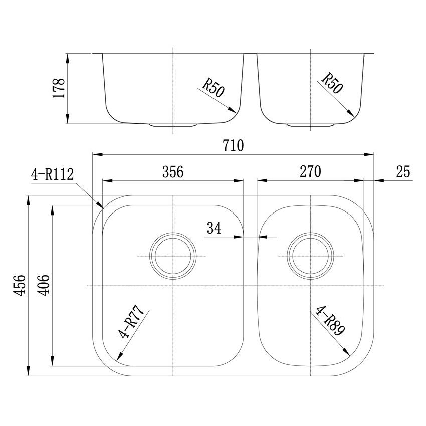 Otus Kitchen Sink 1 & 3/4 Bowl Undermount 710 x 456mm