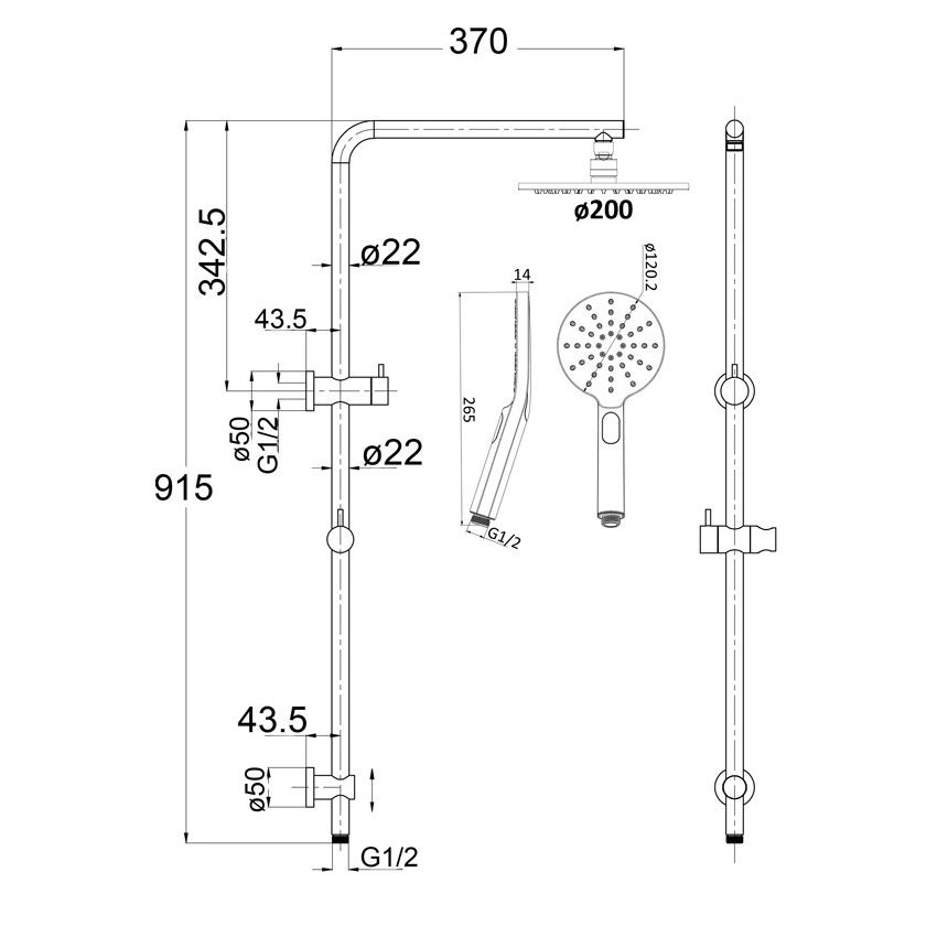Cora Round Multi-function Shower Set Gun Metal, 200mm Plastic Shower Head
