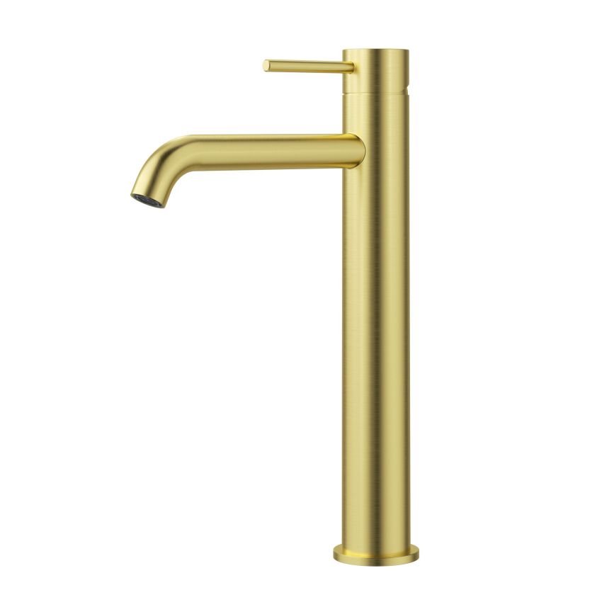 Otus Slimline SS Highrise Basin Mixer Curved Spout Brushed Gold