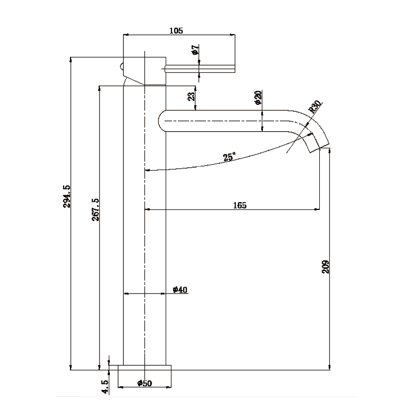 Otus Slimline SS Highrise Basin Mixer Curved Spout Brushed Stainless Steel
