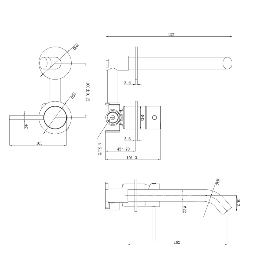 Otus Slimline SS Wall Basin Mixer Separate Back Plate Rough-in Body