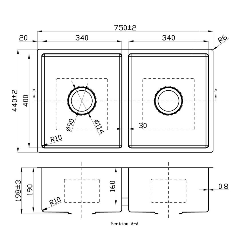 New Cora Double Bowl Above / Undermount Kitchen Sink 750 x 440mm