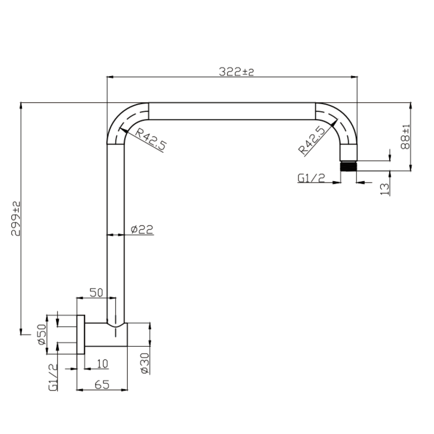 Round Rectangle Curved Shower Arm Brushed Gold