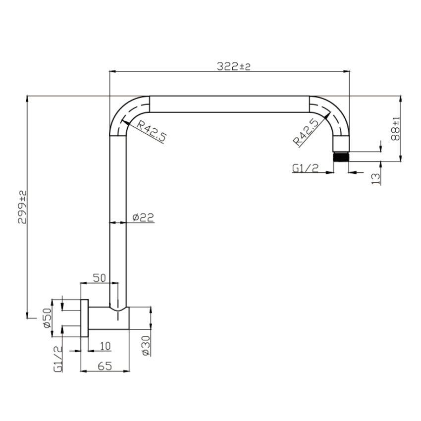 Round Rectangle Curved Shower Arm Gun Metal