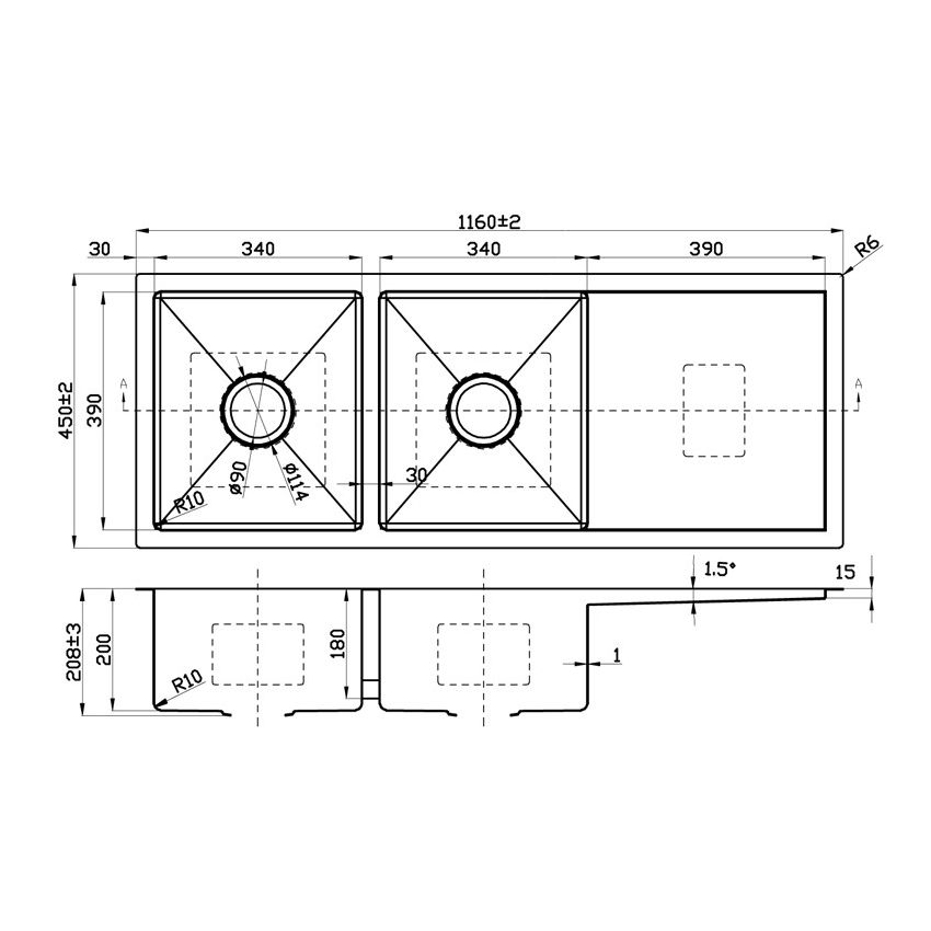 Eden Double Bowl & Single Drainer Kitchen Sink 1160 x 450mm