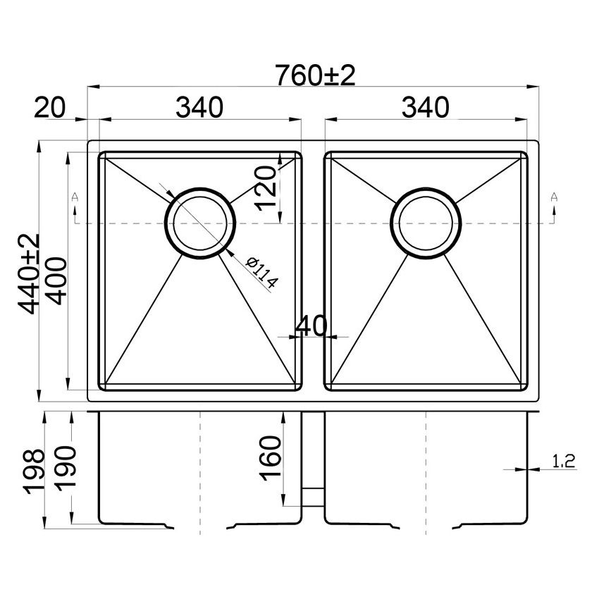 Eden Double Bowl Kitchen Sink Above / Undermount Sink 760 x 440mm