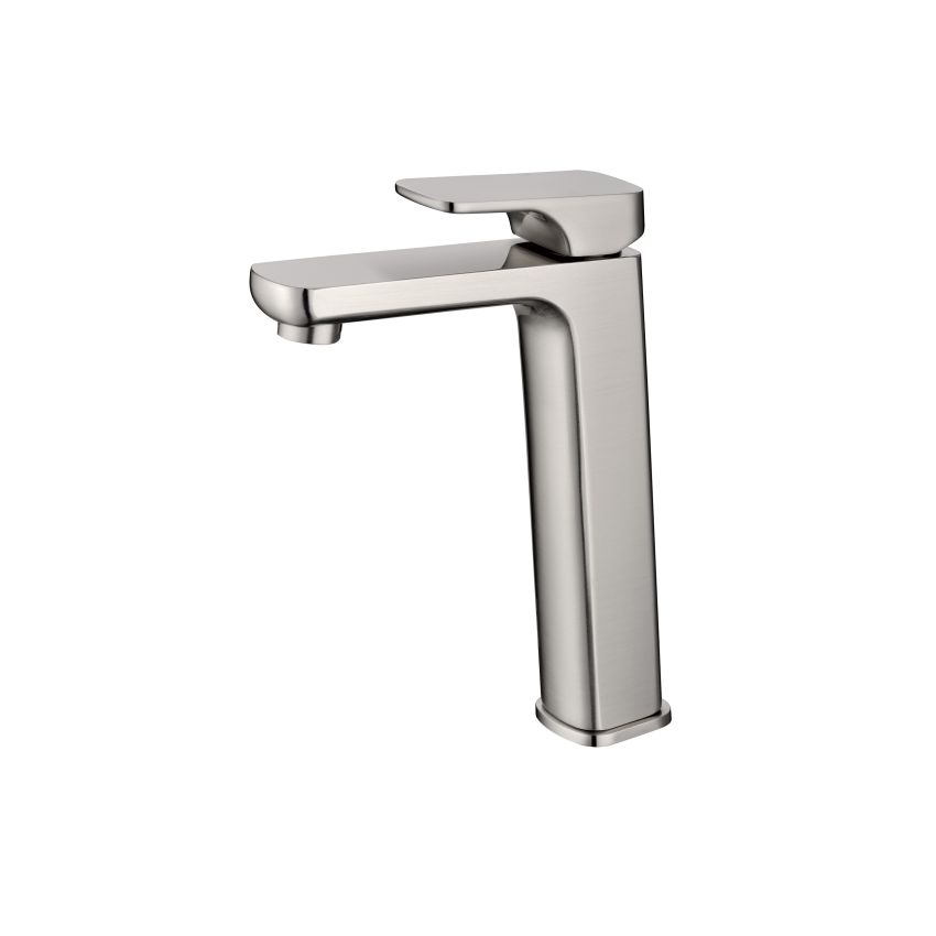 Eden Round Cornered Rectangle Handle Highrise Basin Mixer Brushed Nickel