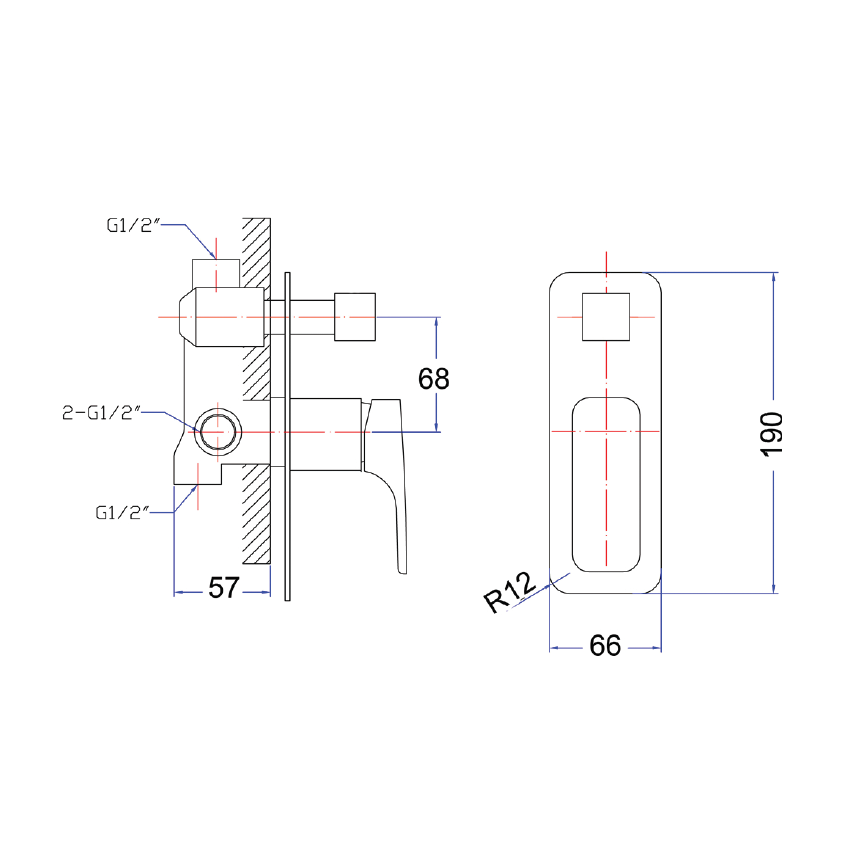 Eden Round Cornered Rectangle Handle Wall Mixer with  Diverter Brushed Nickel