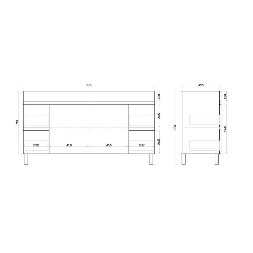 1500mm 2-Door 4-Drawer Freestanding With Legs PVC Gloss White Finish Bathroom Vanity Cabinet Only