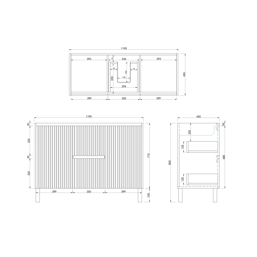 1200mm Freestanding with legs  PVC Matte White Fluted Design Bathroom Vanity Cabinet Only