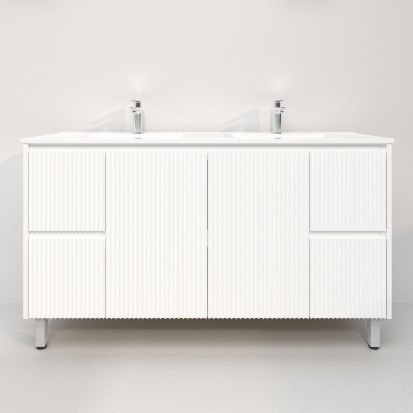 1500mm Freestanding with legs  PVC Matte White Fluted Design Bathroom Vanity Cabinet Only