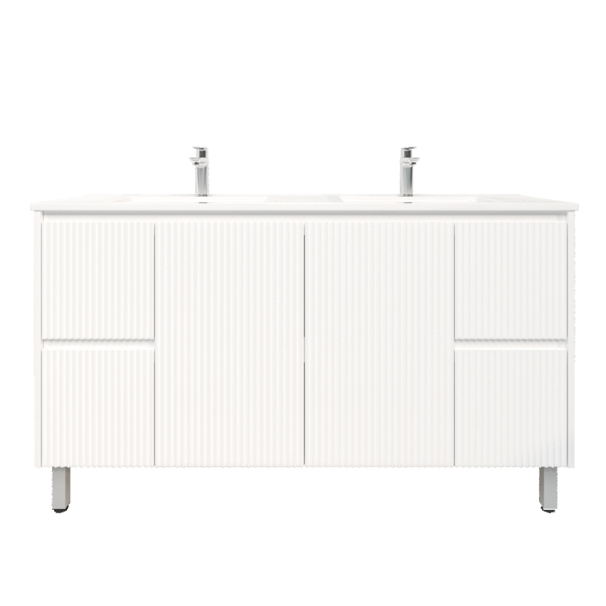1500mm Freestanding with legs  PVC Matte White Fluted Design Bathroom Vanity Cabinet Only