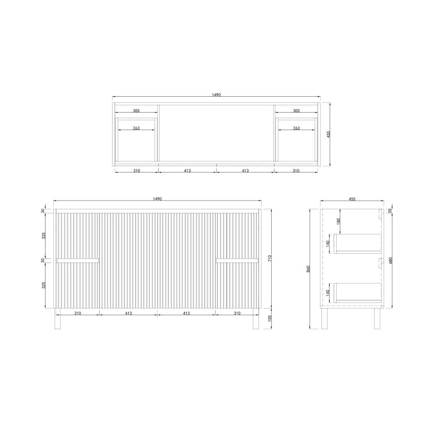 1500mm Freestanding with legs  PVC Matte White Fluted Design Bathroom Vanity Cabinet Only