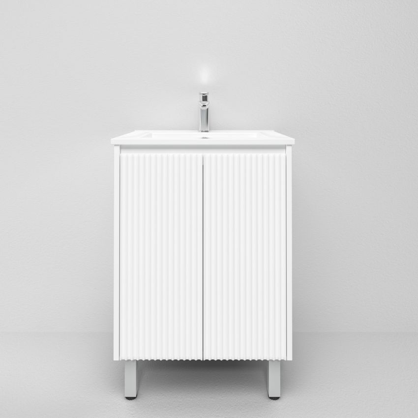 600mm Freestanding with legs  PVC Matte White Fluted Design Bathroom Vanity Cabinet Only