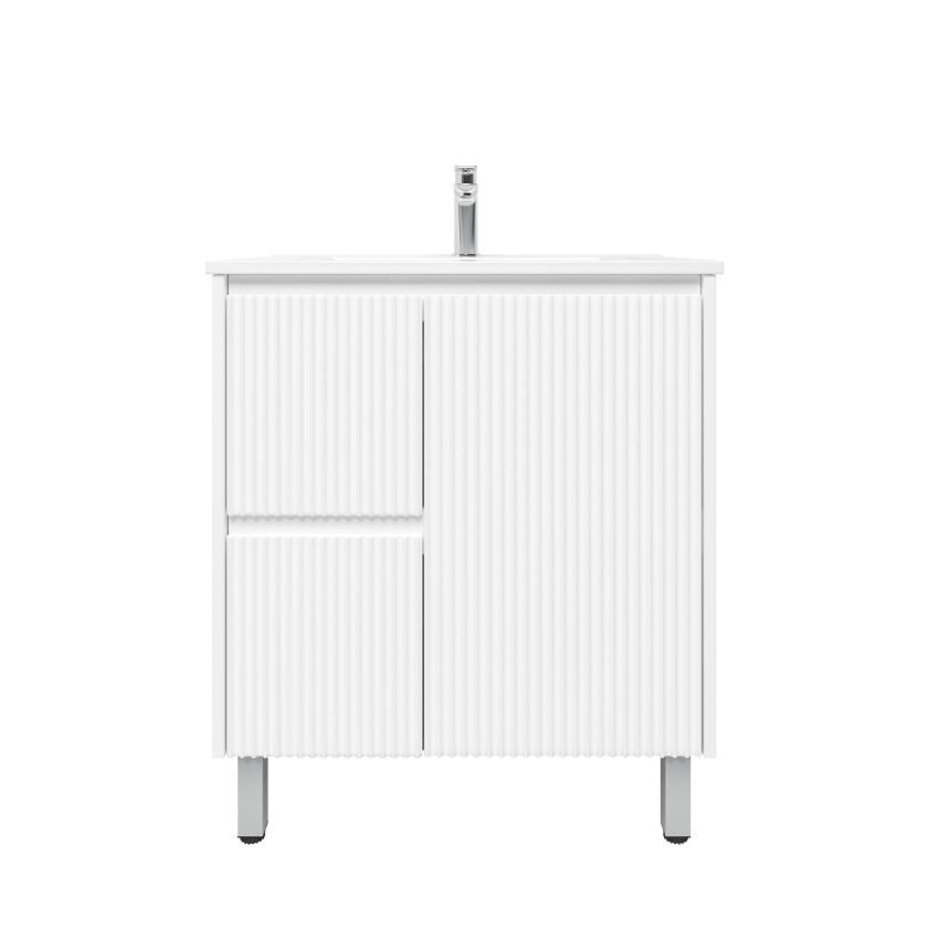 750mm Freestanding with legs  PVC Matte White Fluted Design With Right Hand Drawers Bathroom Vanity Cabinet Only