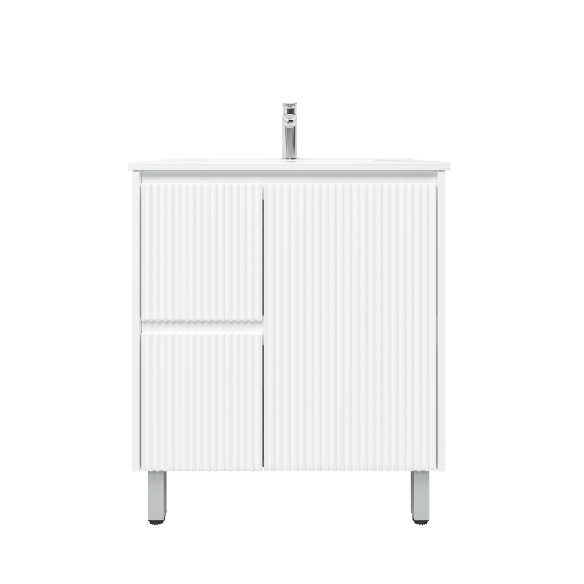 750mm Freestanding with legs  PVC Matte White Fluted Design With Right Hand Drawers Bathroom Vanity Cabinet Only