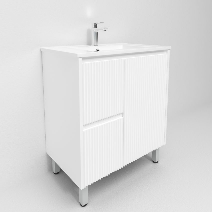 750mm Freestanding with legs  PVC Matte White Fluted Design With Right Hand Drawers Bathroom Vanity Cabinet Only