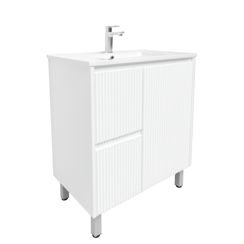 750mm Freestanding with legs  PVC Matte White Fluted Design With Right Hand Drawers Bathroom Vanity Cabinet Only