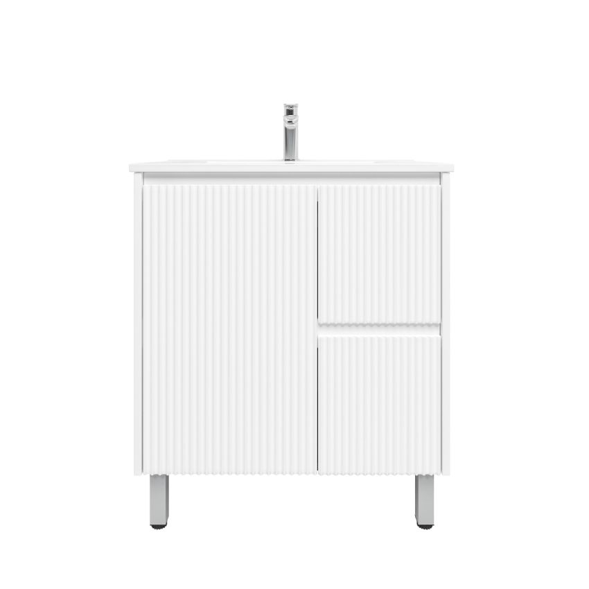 750mm Freestanding with legs  PVC Matte White Fluted Design With Left Hand Drawers Bathroom Vanity Cabinet Only