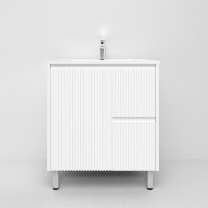 750mm Freestanding with legs  PVC Matte White Fluted Design With Left Hand Drawers Bathroom Vanity Cabinet Only