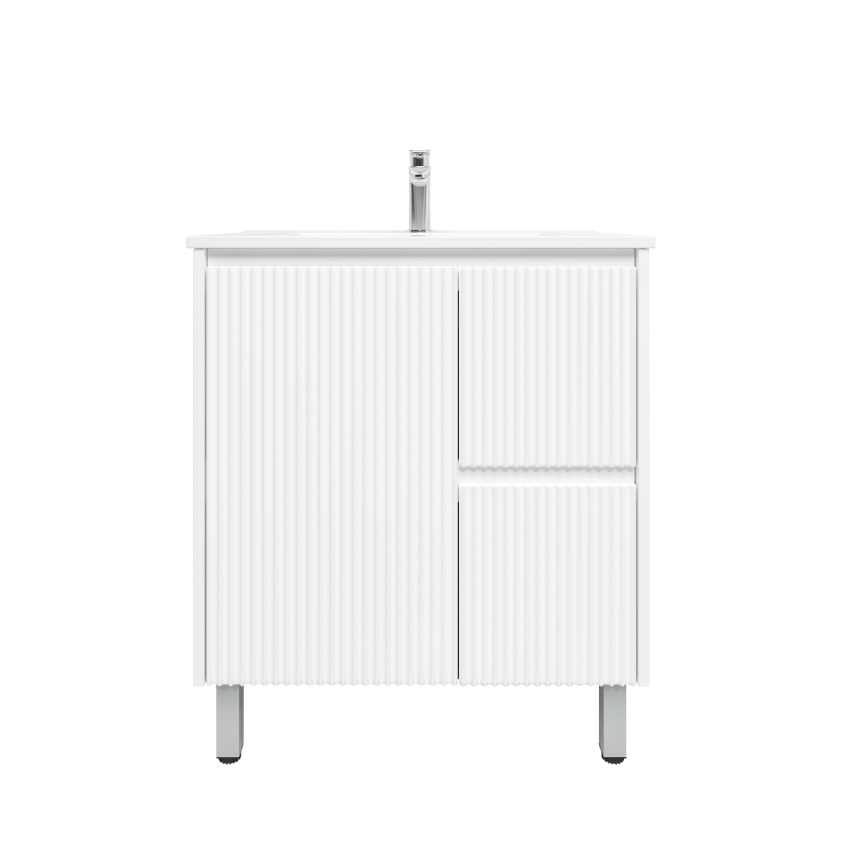 750mm Freestanding with legs  PVC Matte White Fluted Design With Left Hand Drawers Bathroom Vanity Cabinet Only