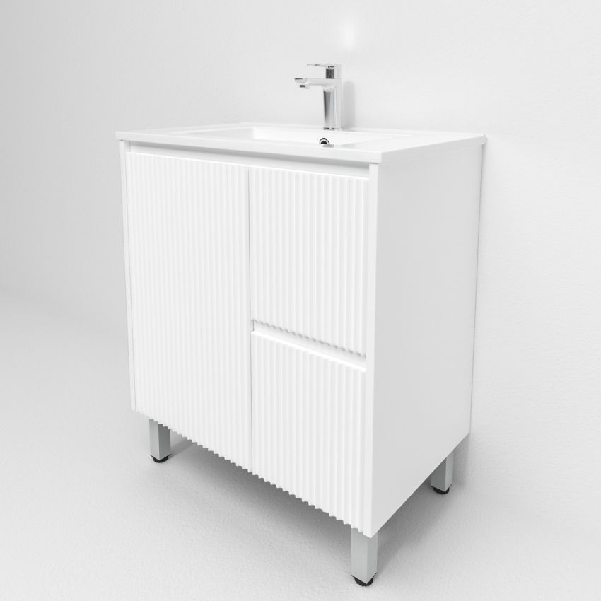 750mm Freestanding with legs  PVC Matte White Fluted Design With Left Hand Drawers Bathroom Vanity Cabinet Only