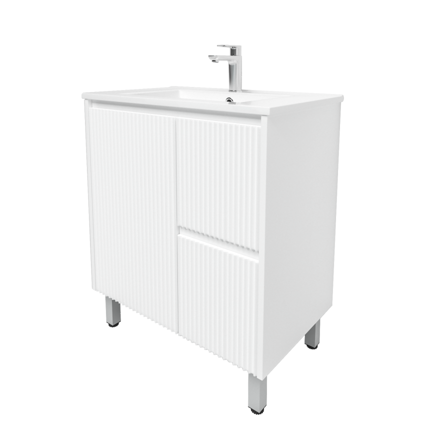 750mm Freestanding with legs  PVC Matte White Fluted Design With Left Hand Drawers Bathroom Vanity Cabinet Only