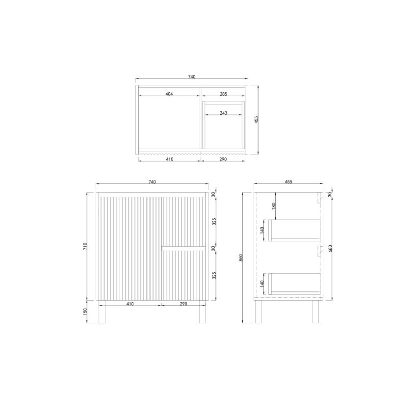 750mm Freestanding with legs  PVC Matte White Fluted Design With Left Hand Drawers Bathroom Vanity Cabinet Only