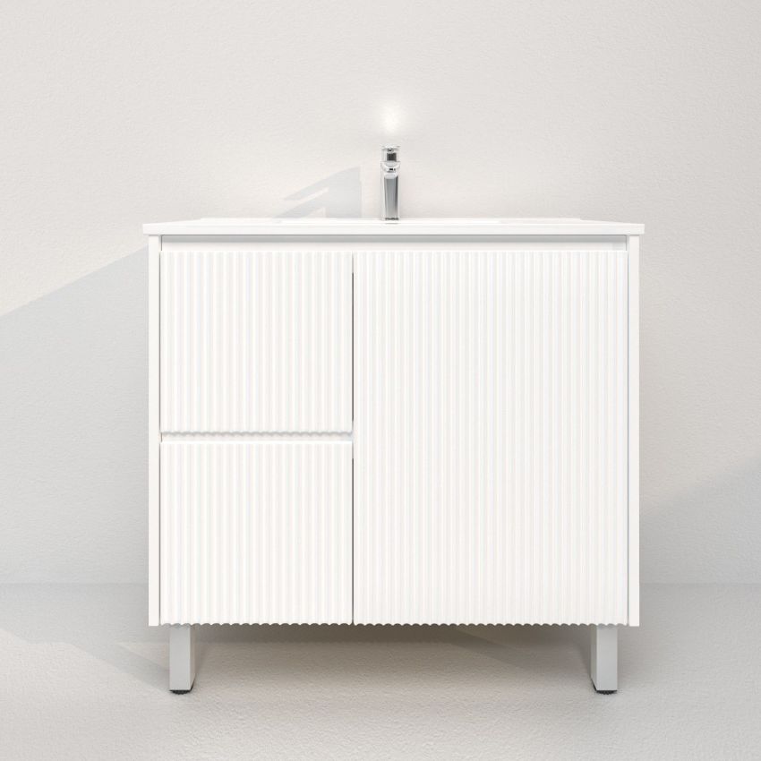 900mm Freestanding with legs  PVC Matte White Fluted Design With Left Hand Drawers Bathroom Vanity Cabinet Only